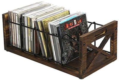 Vijfslots CD/DVD Opberghouder met Handvatten - Rustieke Houten en Stalen CD/DVD Rack