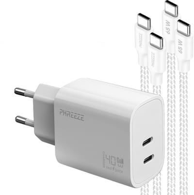 Phreeze usb C power adapter 40 W - Dual port GaN oplader met 2 usb C kabels - Snellader usb C - 1 meter