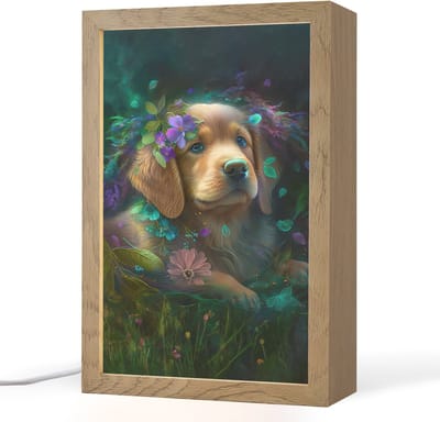 Nachtlampje 20x30 cm - Kinder lampje - Hond - Puppy - Bloemen - Natuur - Golden retriever - Tafellamp kinderkamer - Slaapkamer lamp - Bedlamp kinderen - Kinderlampje stopcontact - Wandlamp babykamer - Nachtlampjes