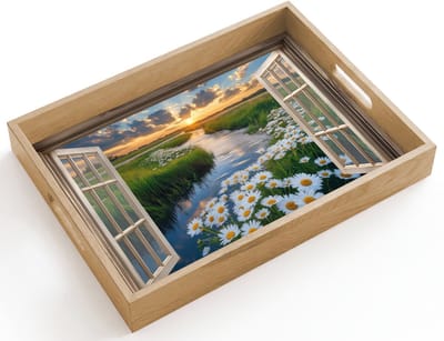 Dienblad hout 40x30 cm - Schootdienblad - Doorkijk - Landschap - Raam - Water - Zonsondergang - Borrelplank rechthoek - Plateau dienbladen