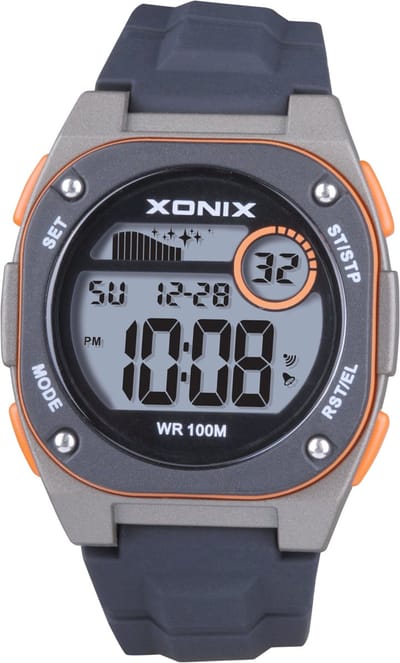 Xonix BBM-006 - Horloge - Polshorloge - Digitaal - Heren - Mannen - Overig - Siliconen band - ABS/Kunst - Achtergrondverlichting - Alarm - Start/Stop - Tweede tijdzone - Datumaanduiding - Waterdicht - Zwart - Grijs - Oranje