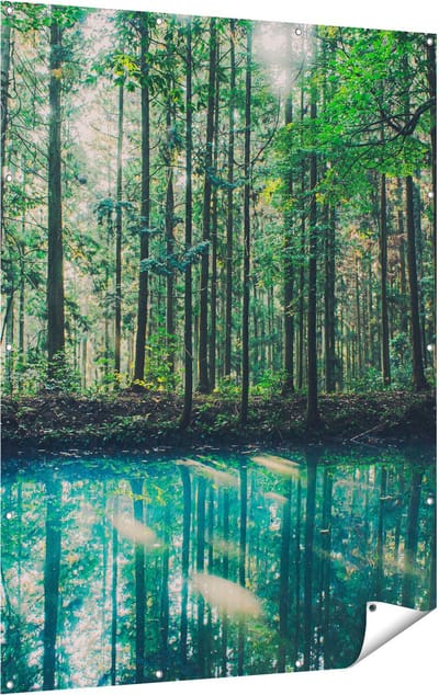 Gards Tuinposter Bos bij een Groen Meer - 120x160 cm - Tuindoek - Tuindecoratie - Wanddecoratie buiten - Tuinschilderij