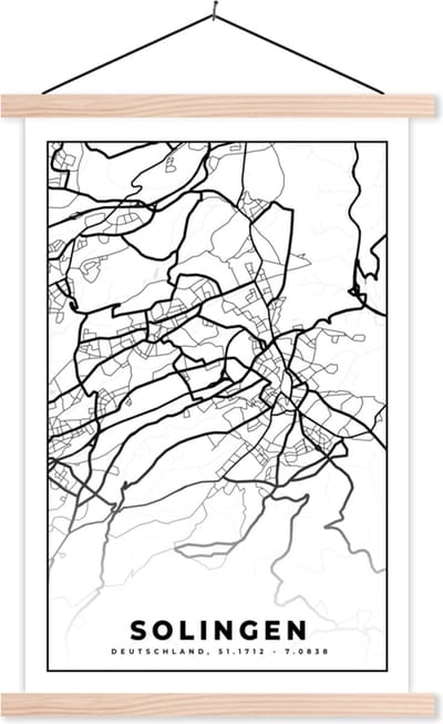 Posterhanger incl. Poster 40x60 cm - Schoolplaat - Solingen - Plattegrond - Kaart - Stadskaart - Textielposter - Blanke latten - Stadskaart