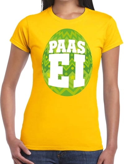 Geel Paas t-shirt met groen paasei - Pasen shirt voor dames - Pasen kleding S