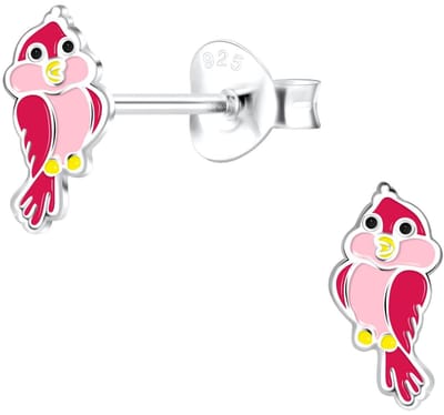 Joy|S - Zilveren vogel oorbellen - 4 x 8 mm - rood roze vogeltje - kinderoorbellen