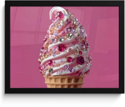 Poster in lijst - Fotolijst 40x30 cm - Posters - Softijs - Edelstenen - Roze - Hoorntje - Posterlijst zwart - Decoratie - Wanddecoratie woonkamer - Muurdecoratie slaapkamer