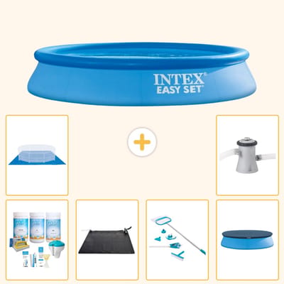 Intex Rond Opblaasbaar Easy Set Zwembad - 305 x 61 cm - Blauw - Inclusief Onderhoudspakket - Solar Mat - Schoonmaakset - Afdekzeil - Grondzeil - Zwembadfilterpomp - 7-delig