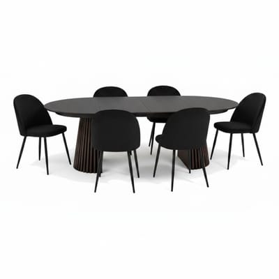 Tokyo eethoek eettafel zwart, 6 stoelen met zwarte velours bekleding.