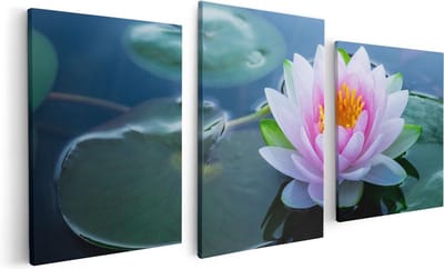 Artaza Canvas Schilderij Drieluik Roze Lotusbloem Met Waterlelies  - 120x60 - Foto Op Canvas - Canvas Print