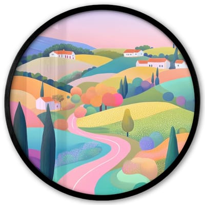 Poster in lijst Rond - Fotolijst 40x40 cm - Posters - Landschap - Paars - Pastel - Huizen - Ronde posterlijst zwart - Decoratie - Wanddecoratie woonkamer - Muurdecoratie slaapkamer