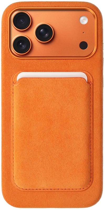 Rosso Avanti Hoesje Geschikt voor Apple iPhone 17 Pro Max met Magnetische Kaarthouder | Compatibel met MagSafe / Qi2 | Echt Italiaans Alcantara | Back Cover en Wallet | Oranje