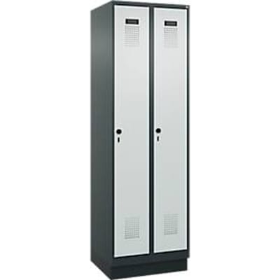 C+P Evolo Plus garderobekast, 2 vakken, 300 mm vakbreedte, met plint, rechts scharnierend, veiligheidsdraaigrendel, soft-close, inbraakwerend, B 600 x D 500 x H 1950 mm, antracietgrijs RAL 7016/lichtgrijs RAL 7035