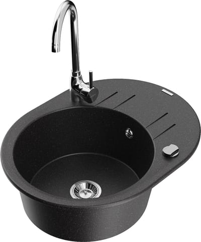 Mexen Kevin granieten spoelbak 1-komerig met afdruiprek en Telma keukenkraan, zwart/zilver metallic - 6517-73-670200-00