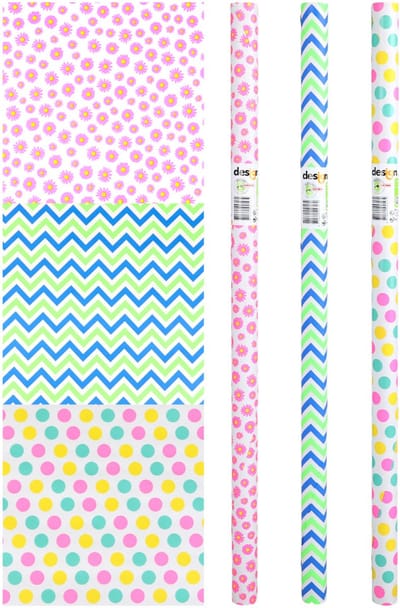 Cadeaupapier - "Pastel Party" - (3 STUKS) – 200×70 cm – Bloemen, Stippen & Zigzag Design - Inpakpapier - Vrolijk - Kleurrijk - Duurzaam Cadeaupapier