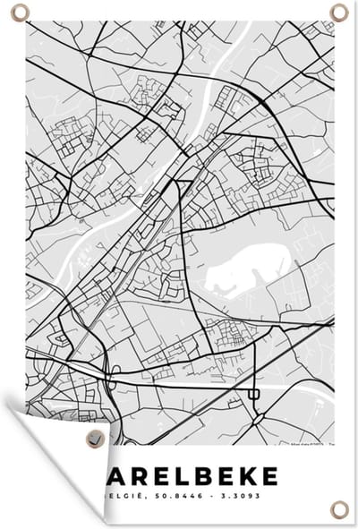 Muurdecoratie Plattegrond – Harelbeke – Zwart Wit – Stadskaart - Kaart - 120x180 cm - Tuinposter - Tuindoek