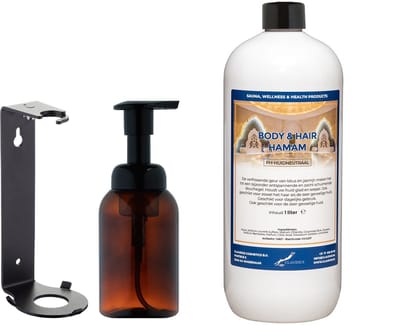 Body & Hair Hamam 300 ml - zeepdispenser amber bruin met pomp + 1 liter (inclusief beugel) - 2 in 1 voor lichaam en haar