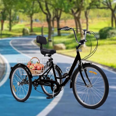 Inklapbare driewieler - Driewieler volwassenen - Rustig fietsen - Met mand en bekerhouder - 24 inch - Donker