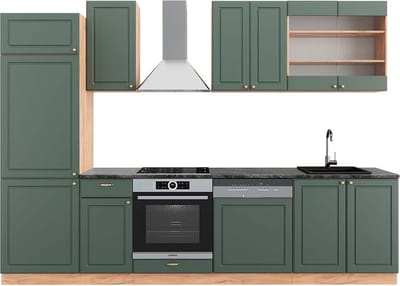 Vicco Fame-Line Complete keukeneenheid – 300 cm, WB Antraciet Groen-Goud Land/Goud Power Eik