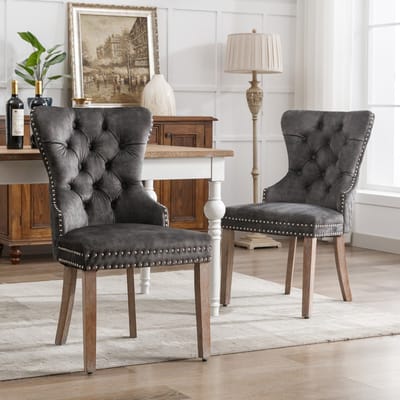 Gutent Eetkamerstoelen, Grijs(2 stuks), Unieke Uitsparingen op de rugleuning, Gestoffeerde stoelen met spijkerkop, Massief houten poten, fluwelen bekleding, keukenstoelen, woonkamerstoelen
