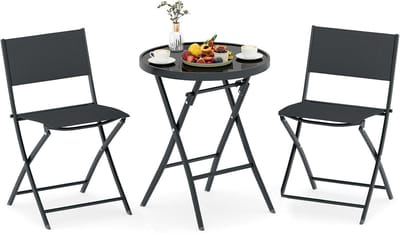 KOMFOTTEU Bistroset, 3-delig, inklapbaar, tuinset van textiel met metalen frame, tafel van gehard glas en 2 stoelen, eettafelset voor balkon, Tereza