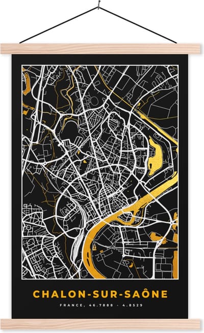 Posterhanger incl. Poster 40x60 cm - Schoolplaat - Chalon-sur-Saône - Kaart - Stadskaart - Frankrijk - Plattegrond - Textielposter - Blanke latten - Stadskaart