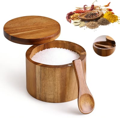 Handgemaakte Acacia Houten Zout- en Peperkom met Lepel, Ideaal voor Kruidopslag en Keuken Decoratie, Perfect als Cadeau voor Kookliefhebbers