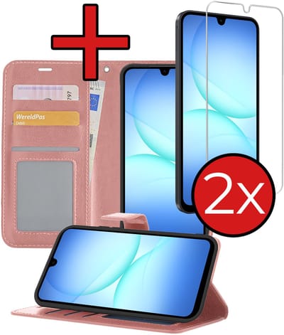 Hoesje - Met 2x Screenprotector - Geschikt voor Samsung Galaxy A17 - Luxe Pasjeshouder - Flip Case - Bookcase Portemonee - Kunstleer Book Case - Flipcase Hoes - Book Cover - Walletcase - Portemonneehoes - Telefoonhoes - Rosé goud
