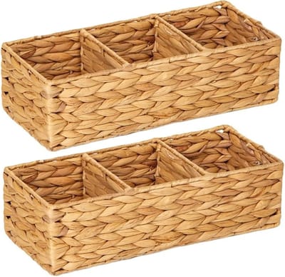 Set van 2 Waterhyacint Opbergmanden Met Verdelers - Handgeweven Rieten Organizer Voor Bureau En Aanrecht - Natuurlijke Vezel Bewaarbak