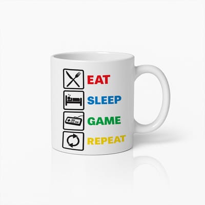 Eat Sleep Game Repeat Koffiemok 330ml – Grappige Gamer Mok met Kleurrijk Ontwerp – Leuk Cadeau voor Gamers & Streamers