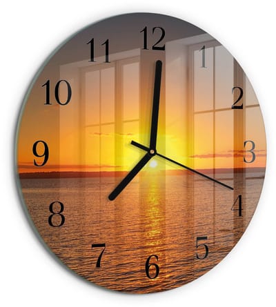 Tulup Wandklok - Zonsondergang Decoratieve Glazen Klok - 30fi cm - Oranje Glazen Wandklok Design - Zwarte Handen - Ronde Wandklok - Moderne Wandklok Glas - Wandklok Glas Decoratie