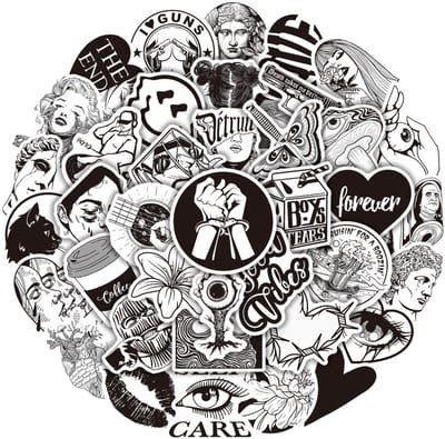50 Zwart-Wit stickers - 5-6CM Origineel design - Voor laptop, hobby, telefoon, muur, spiegel etc.