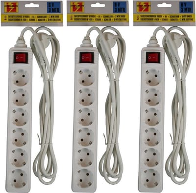Benson stekkerdoos - 3x stuks - 6-voudig - wit - 3 meter - randaarde - schakelaar - verlengsnoer