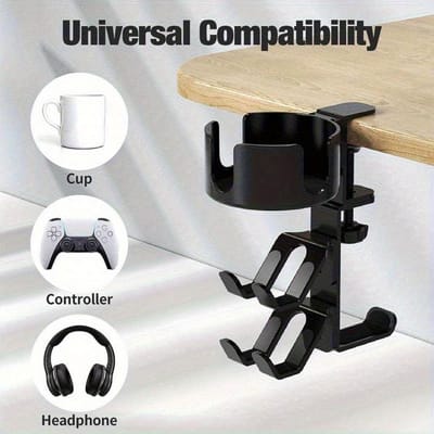 Draaibare 4-in-1 Gaming Bureau Organizer met Bekerhouder en Hoofdtelefoonhouder - Verstelbare Controllerhouder, Ideaal Kerstcadeau 1pcs zwart