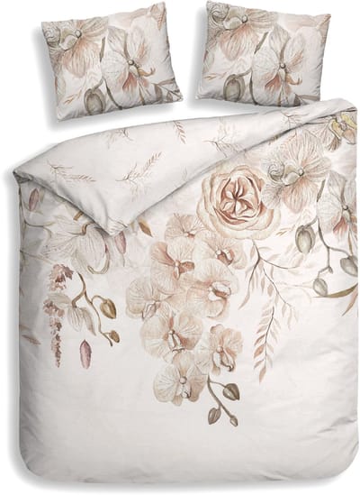 Heckettlane Dekbedovertrek Pioggia - Bedlinnen met Bloemen print - 240x200-220 cm - Lits-Jumeaux - Natural - Dekbedovertrek van 100% Katoen-Satijn