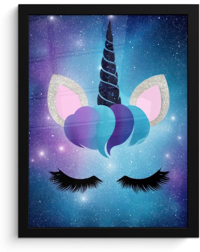 Poster in lijst - Fotolijst 30x40 cm - Posters - Eenhoorn - Sterren - Magisch - Blauw - Posterlijst zwart - Decoratie - Wanddecoratie woonkamer - Muurdecoratie slaapkamer