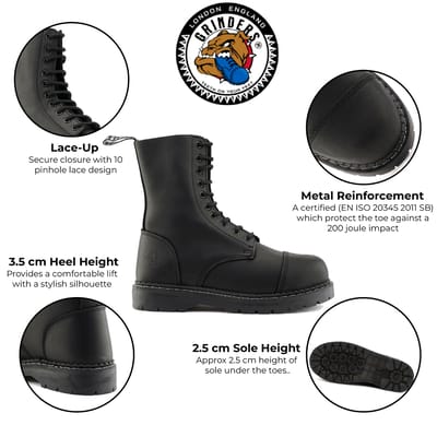 Grinders Unisex Zwarte Leren Stalen Neus Veterlaarzen - Stag ACS