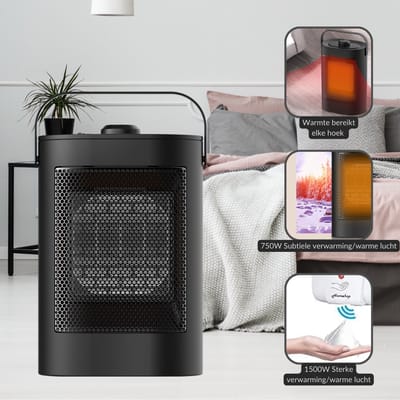 Elektrische Kachel - Keramische Verwarming - Energiezuinige Heater - Ventilatorkachel met Thermostaat - Terrasverwarmer - 750/1500W - Zwart