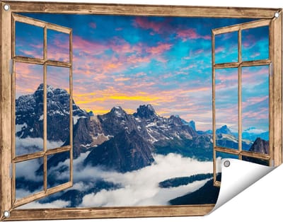 Gards Tuinposter Doorkijk Bergen Landschap met Wolken in Itali� - 90x60 cm - Tuindoek - Tuindecoratie - Wanddecoratie buiten - Tuinschilderij