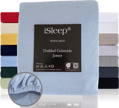 iSleep Dubbel Gebreide Jersey Hoeslaken - Hoge Hoek - Rondom Elastiek - Eenpersoons - 80/90x200 cm - Licht Blauw