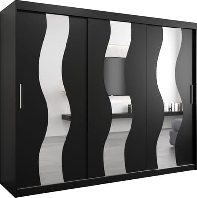 InspireMe - Kledingkast met 3 schuifdeuren, Modern-stijl, Een kledingkast met planken en een spiegel (BxHxD): 250x200x62 - REESE 250 Zwart Mat
