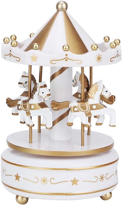 Muziekdoos Paarden - Roterende Carrousel - Decoratie Kinderkamer - Vintage Houten Design - 18.7 x 11.3 cm - Wit