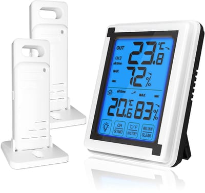 Weerstation - Thermometer - Hygrometer - Digitale hygrometer - Draadloze buitenthermometer - Vochtigheidsmonitor - Hygrometer met 2 sensoren - Binnenthermometer (2 sensoren) voor thuiskantoor en magazijn