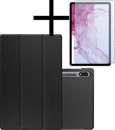 Hoes - Geschikt voor Samsung Galaxy Tab S9 - Met Screenprotector - Trifold Bookcase - Hard Cover Case - Met Uitsparing Geschikt voor S Pen - Hardcover Book - Tablet Hoesje - Zwart