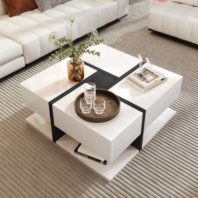 Moderne salontafel 78×78×36 cm – Hoogglans tafel met 4 lades, unieke kleurcombinatie & lijnontwerp, met extra opbergruimte onderaan