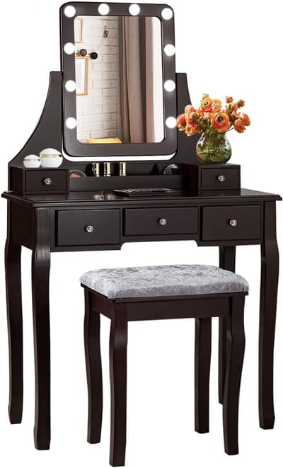 Kaptafel met spiegel en verlichting - Make up tafel - Make up - Toilettafel - Met lades - Bruin
