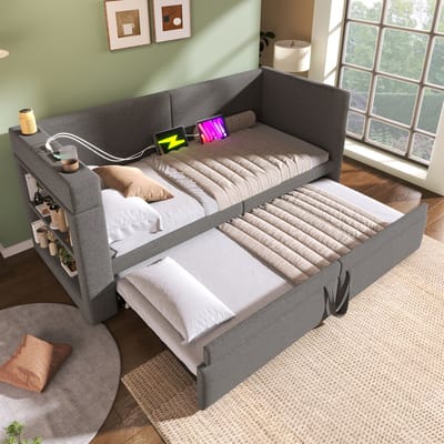 MIVRAY Gestoffeerd Daybed 90x200 Cm Zonder Matras - Slaapbank Met Uitschuifbed En Usb Oplaadpoorten - Met Bekerhouders - Katoen Linnen - Grijs