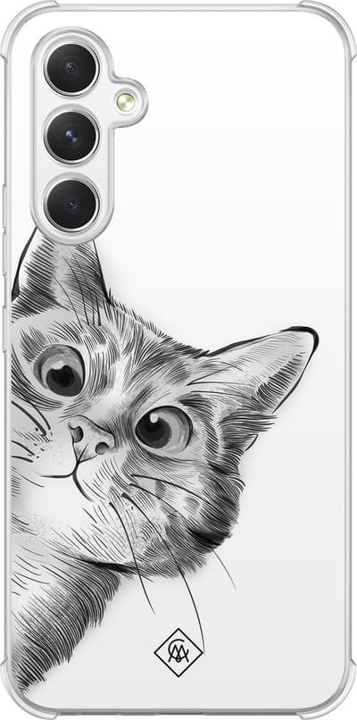 Casimoda® hoesje - Geschikt voor Samsung Galaxy A15 - Kat Kiekeboe - Shockproof case - Extra sterk - TPU/polycarbonaat - Grijs, Transparant