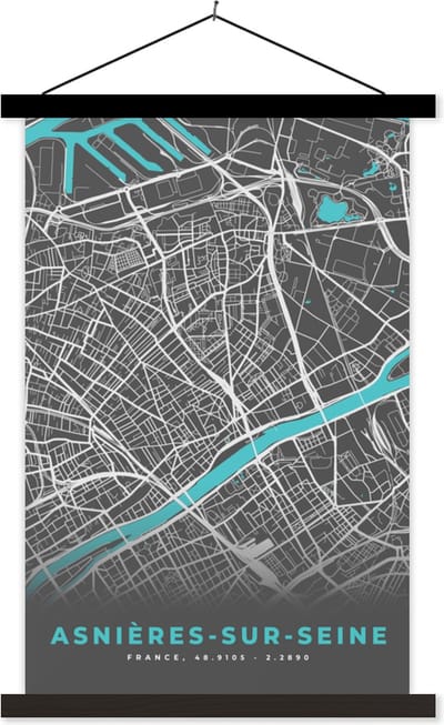 Posterhanger incl. Poster 40x60 cm - Schoolplaat - Plattegrond – Asnières-sur-Seine – Stadskaart – Kaart – Frankrijk - Textielposter - Zwarte latten - Stadskaart