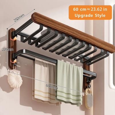 Porte-serviettes pliant en noyer 60 cm Salle de bain Bois massif Étagère pour serviettes de bain 23,62 pouces Mural Noir Porte-serviettes pour peignoir Accessoires