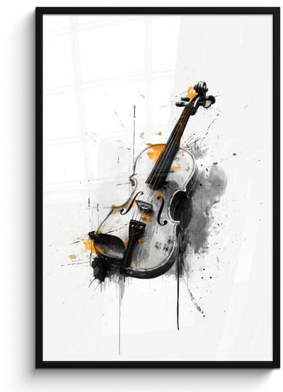 Poster in lijst - Fotolijst 80x120 cm - Posters - Viool - Oranje - Zwart - Penseelstreken - Posterlijst zwart - Decoratie - Wanddecoratie woonkamer - Muurdecoratie slaapkamer